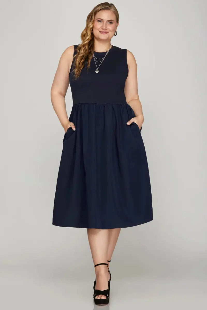 She + Sky Full Size Sleeveless Midi Dress with Pockets - Love Salve